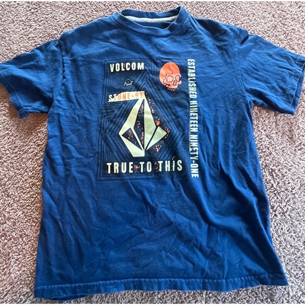 Volcom Boys Blue Graphic T-Shirt Skull Stone-91 True To This Size M 12 Cotton